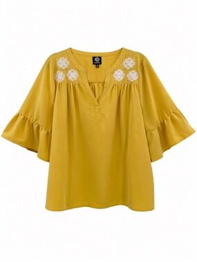 Bobeau Golden Yellow Embroidered Bell Sleeve Romantic Boho Blouse Top Size 1X